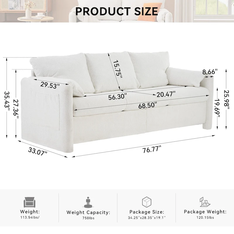3-Seater Sofa 77 Chenille Couch - Plush Triple Seater Sofa with High-Density Foam Cushions, Deep Seat Living Room Couch