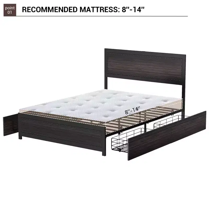 Full Size Bed Frame with 4 Storage Drawers and Headboard