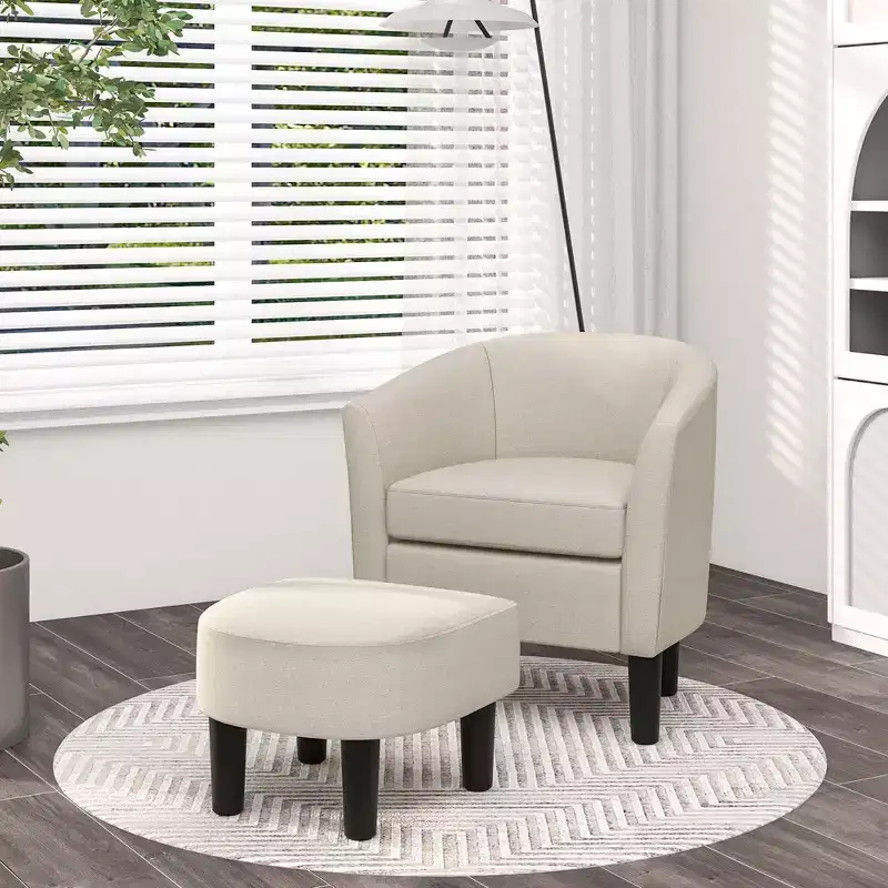 Costway Barrel Club Chair with Ottoman Set Footrest Curved Back & Removable Seat Cushion Grey/Beige