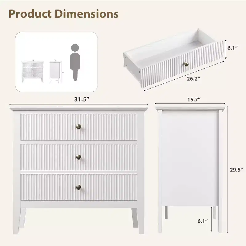 Modern 3-Drawer Dresser with Fluted Design, Anti-Tip Straps & Silent Glides for Bedroom, Living Room, Bathroom