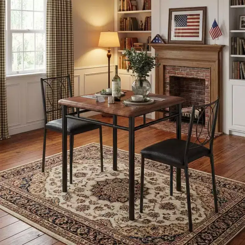 Dining Table for 2, Small Space Kitchen Table with 2 Upholstered Chairs, Farmhouse Wood Table for Apartment, Breakfast Nook