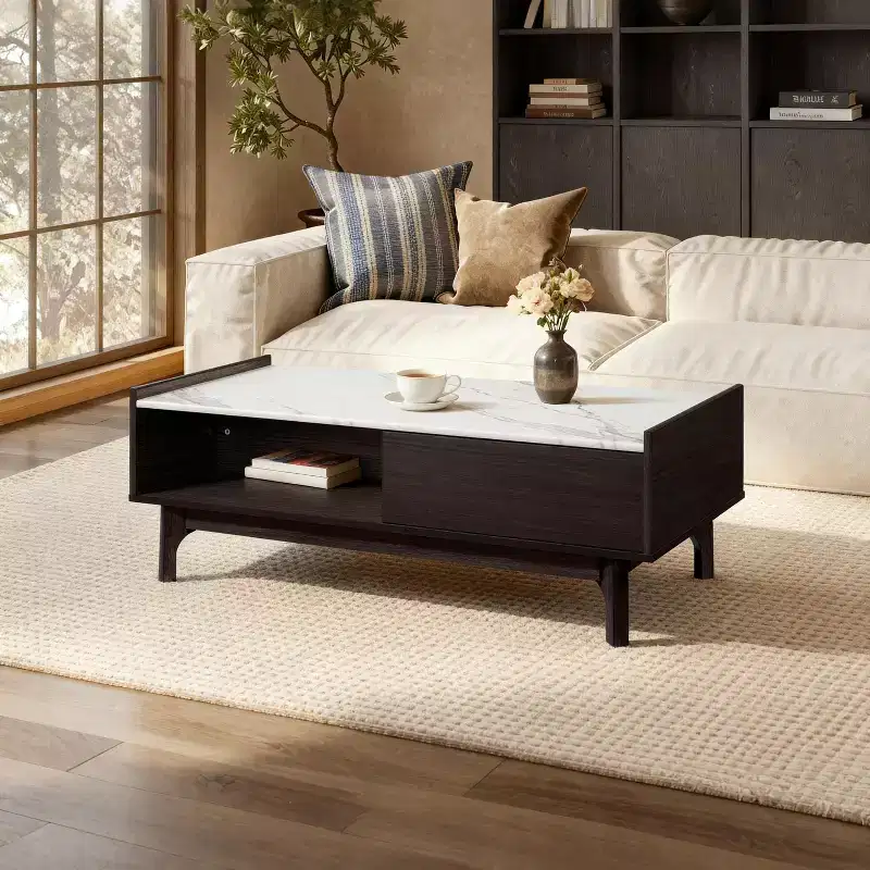LuxenHome Modi Wenge Coffee Table with 1 Door, Open Storage & Raised Sides, Faux Marble Top, Manufactured Wood Brown