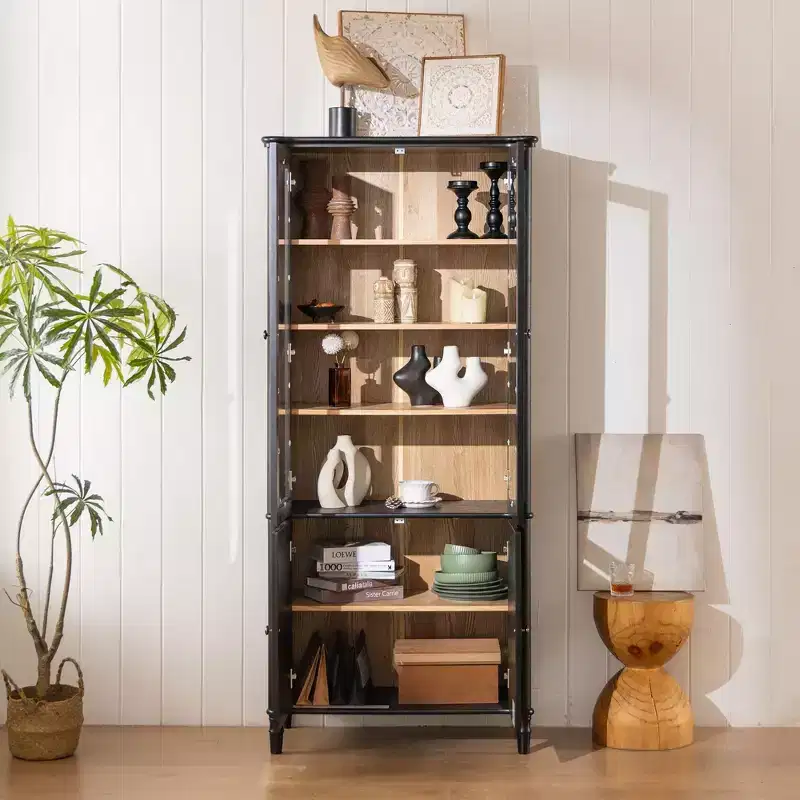 73.25 H Vintage Display Cabinet, Mid-Century Modern Bookcase with Glass Doors, Ash Wood Grain