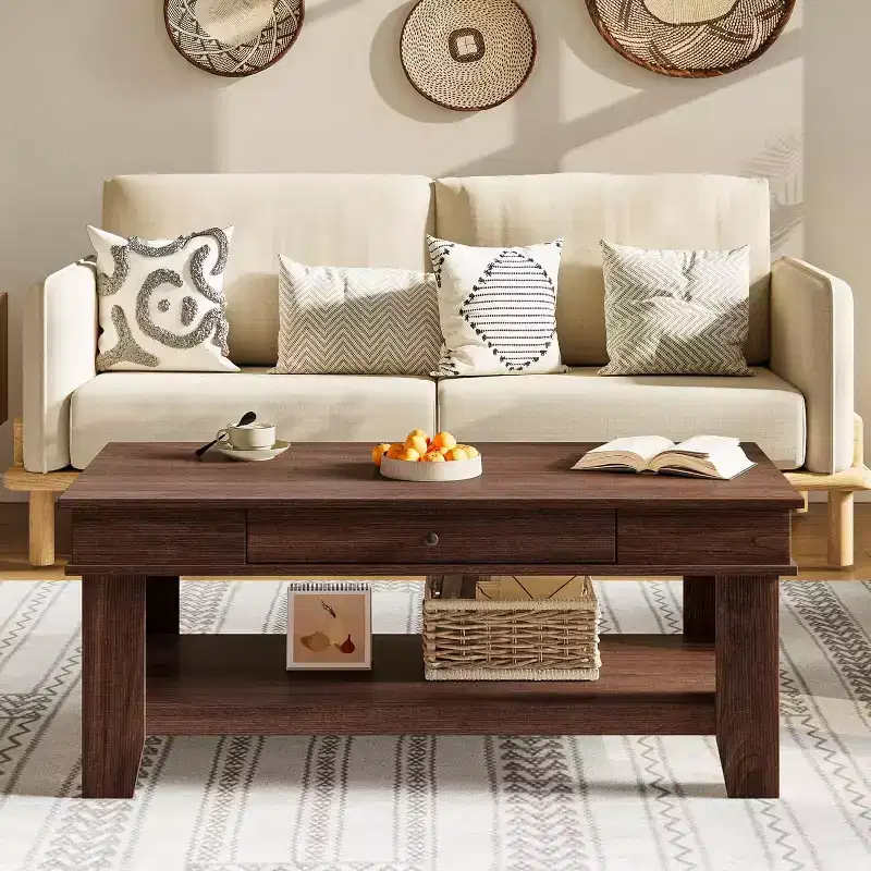 Large Wood Coffee Table with Drawer & Open Storage Shelf, Walnut or Light Oak