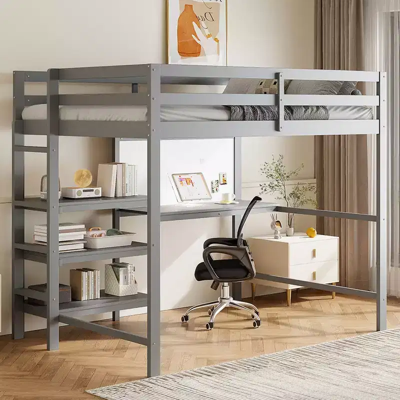 Wooden Loft Bed with Shelves, Desk and Writing Board