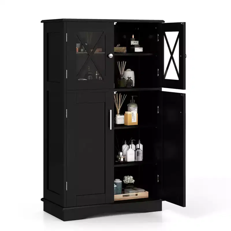 Bathroom Storage Cabinet Linen Storage Cabinet with Doors and Adjustable Shelves Black/Grey/Brown/White