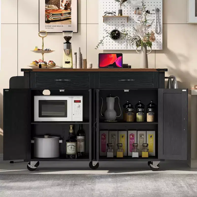 Farmhouse Kitchen Island with Power Outlet, Kitchen Storage Island with Drop Leaf, Spice Rack and Drawer, Rolling Kitchen Cart on Wheels