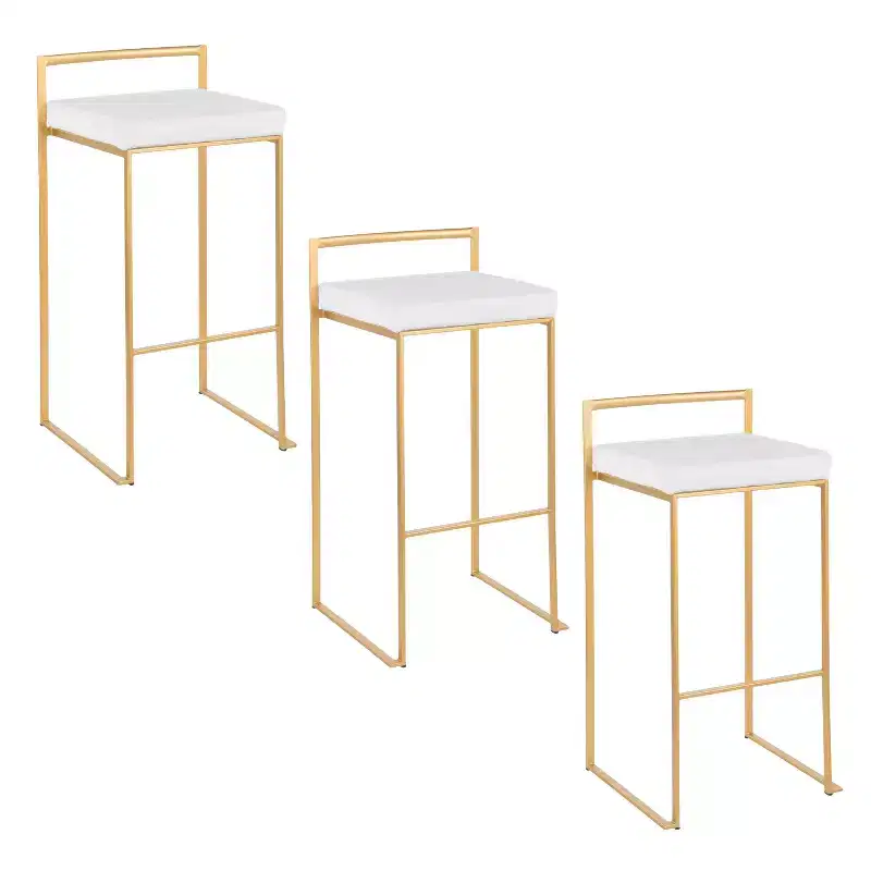 LumiSource Set of 3 Fuji Stacker Barstools Gold/White Velvet