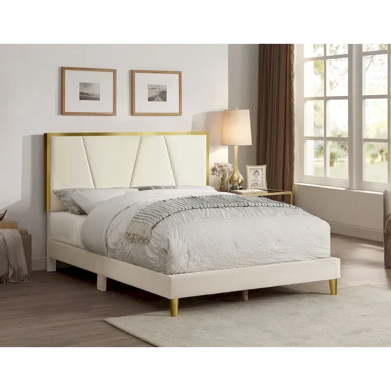 Upholstered Platform Bed – Beige, Tufted Headboard, Gold-Tone Accents, Glam Style, Full / Queen / King