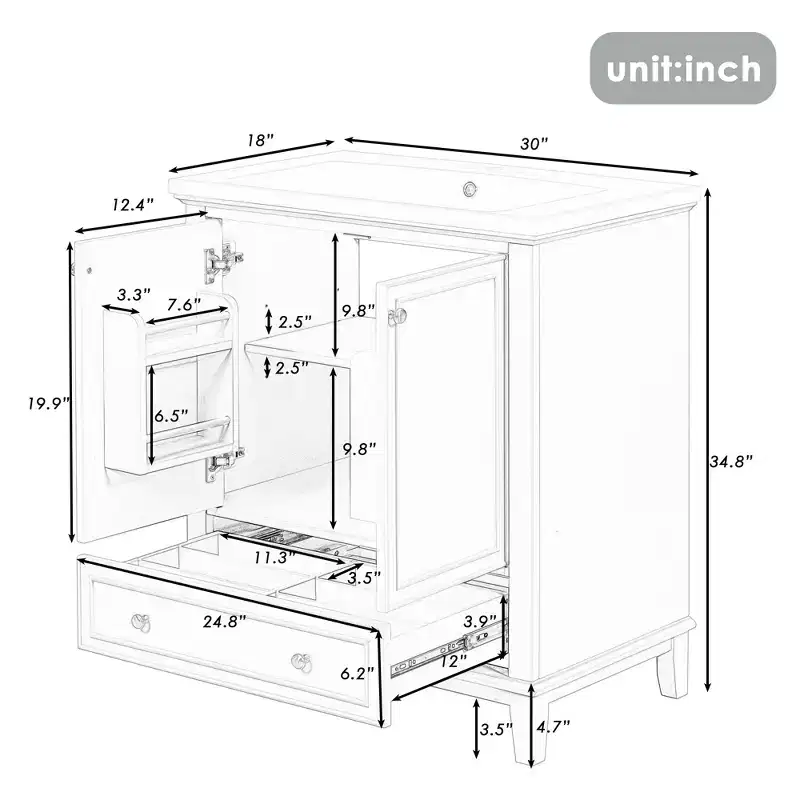 Bathroom Vanity with Single Top Sink, Freestanding Modern Bathroom Storage Cabinet with 2 Doors & 1 Drawer