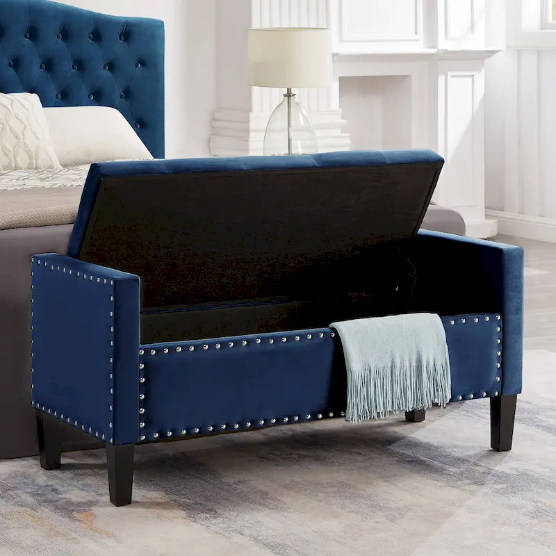 Upholstered Tufted Button Storage Bench with nails trim