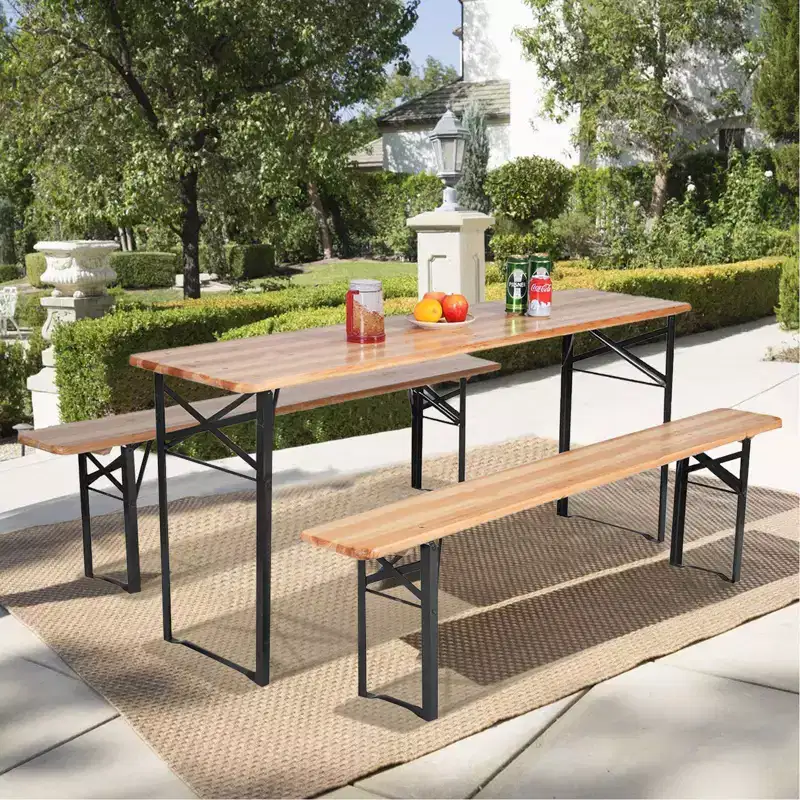 3pc Outdoor Folding Wooden Picnic Table Set - WELLFOR: Iron & Fir Wood, Portable, Rust-Resistant