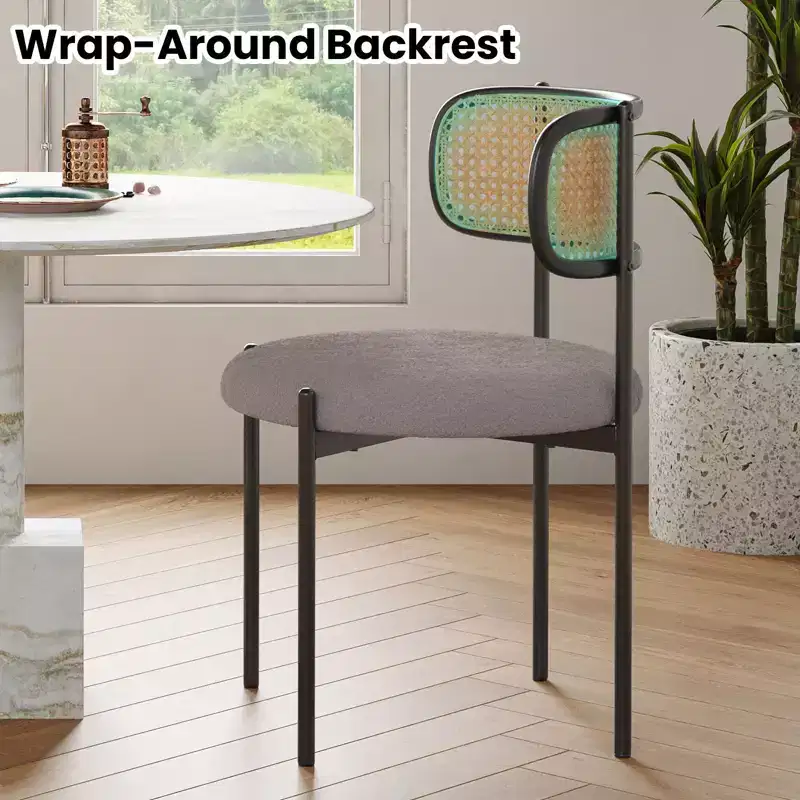 PexFix 4Pcs Modern Upholstered Dining Chairs Rattan Back Dining Room Chairs Accent Kitchen Chairs with Metal Legs Light Gray