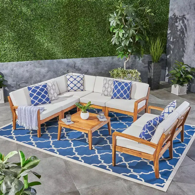 GDFStudio Bernice 7 Piece Outdoor Acacia Wood Sectional Sofa Set with Loveseat and Coffee Table