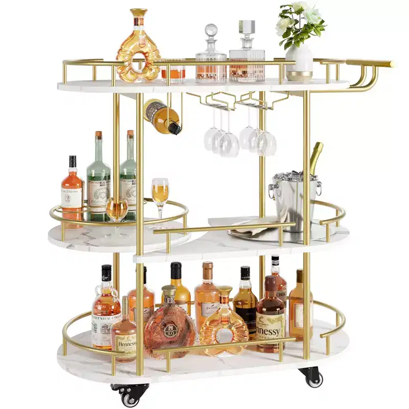 Gold Bar Cart, 3 Tier Bar Carts with Wheels, Rotated Bar Cart with Wine Rack and Glass Holder, Bar Serving Cart for Living Room, Kitchen, Dining Room