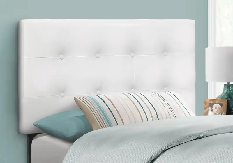 Upholstered Headboard in White Vegan Leather Fabric, Button Tufted - Twin Size