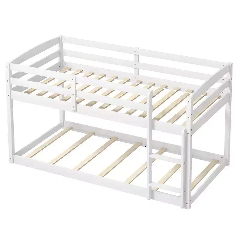 Costway Twin over Twin Low Bunk Bed with Guardrails Integrated Ladder Kids Wooden Grey/White/Beige/Pink