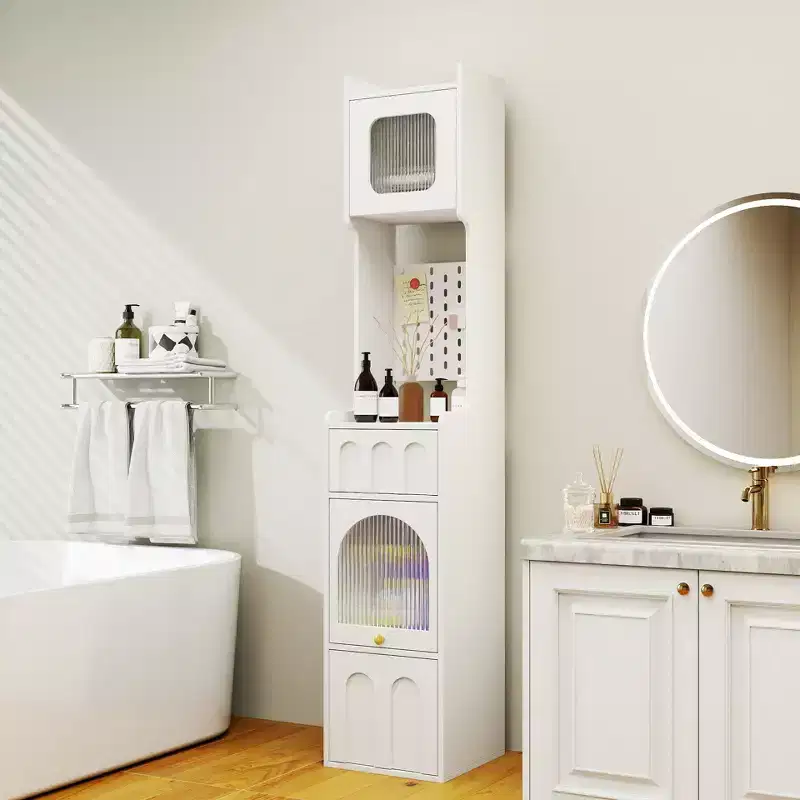 71 Tall Narrow Storage Cabinet - White Particle Board+MDF, 1 Door & 2 Drawers, Kitchen Use