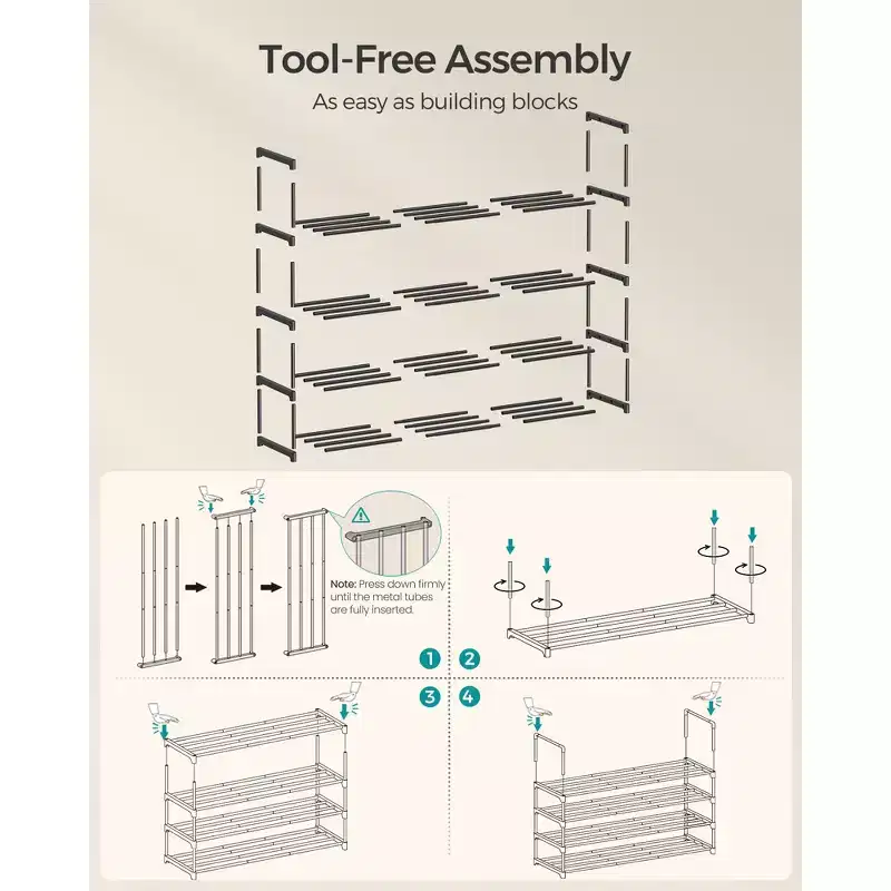 4-Tier Metal Shoe Rack for 25-30 Pairs, Stackable & Reversible, Black Entryway Organizer