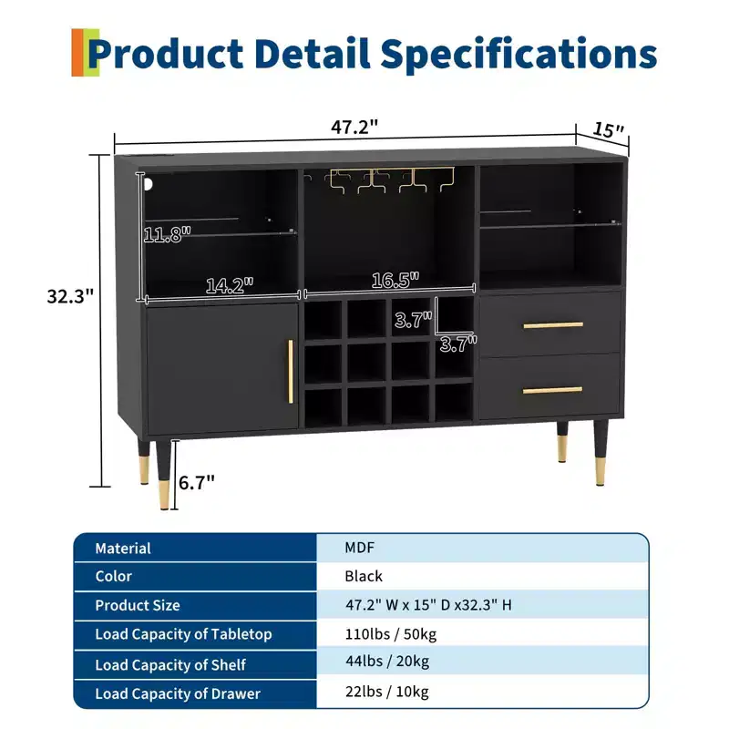 Bar Cabinet with LED Lights & Charging Station, 47 Inch Kitchen Buffet Sideboard with Storage Drawers, Wine Rack & Door