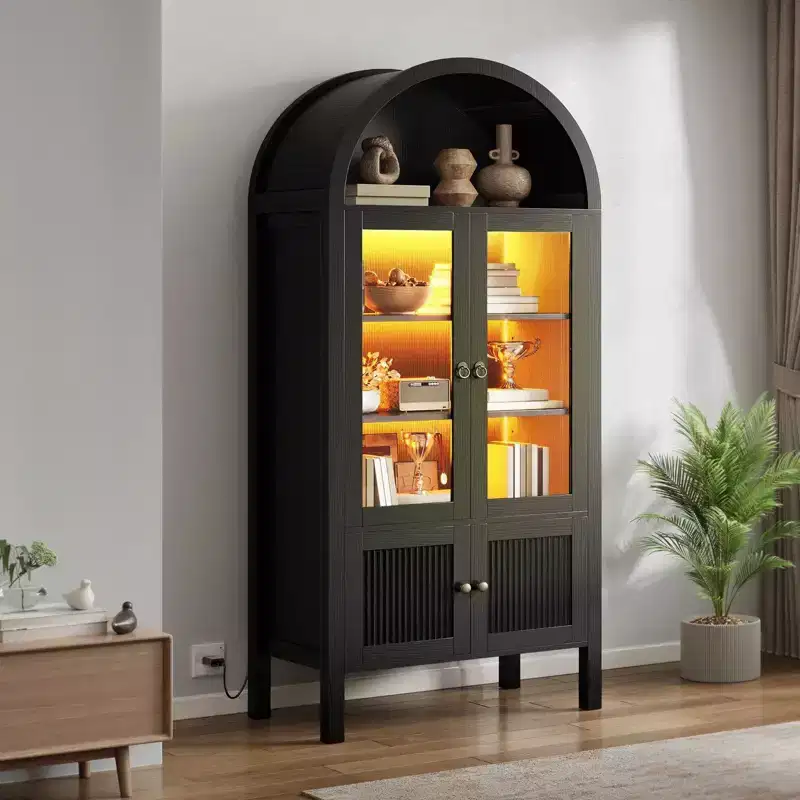 71inch Tall Arched Cabinet Kitchen Pantry with LED Light Wood Kitchen Storage Cabinets