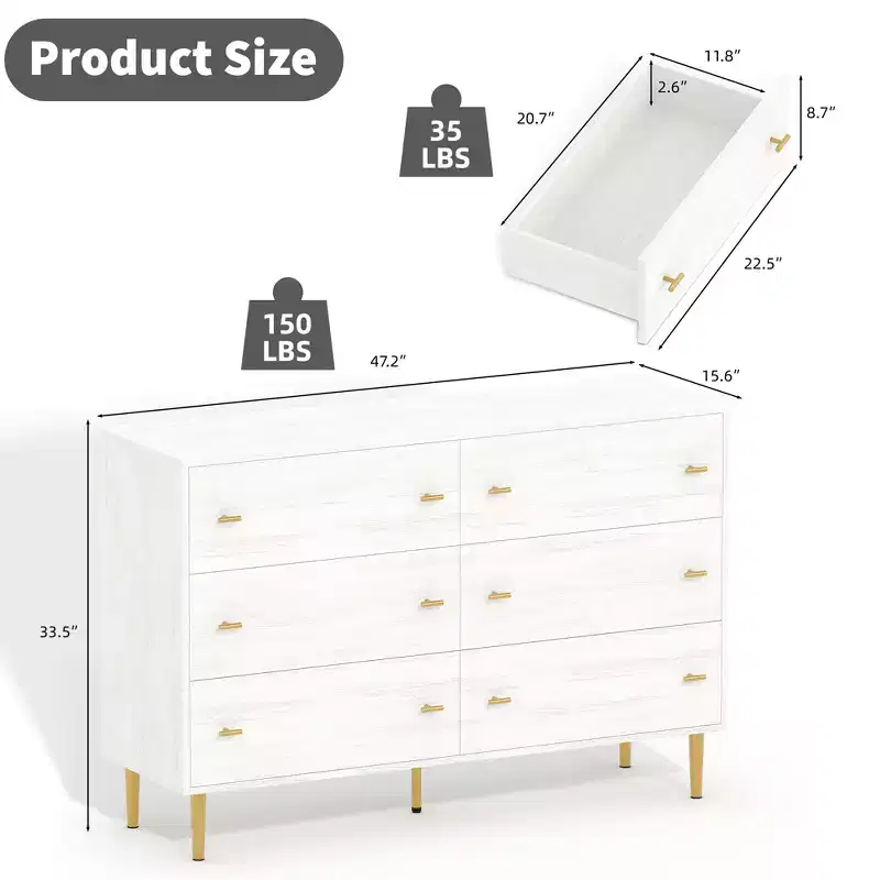 Farmhouse 6 Drawer Dresser for Bedroom, 47.2