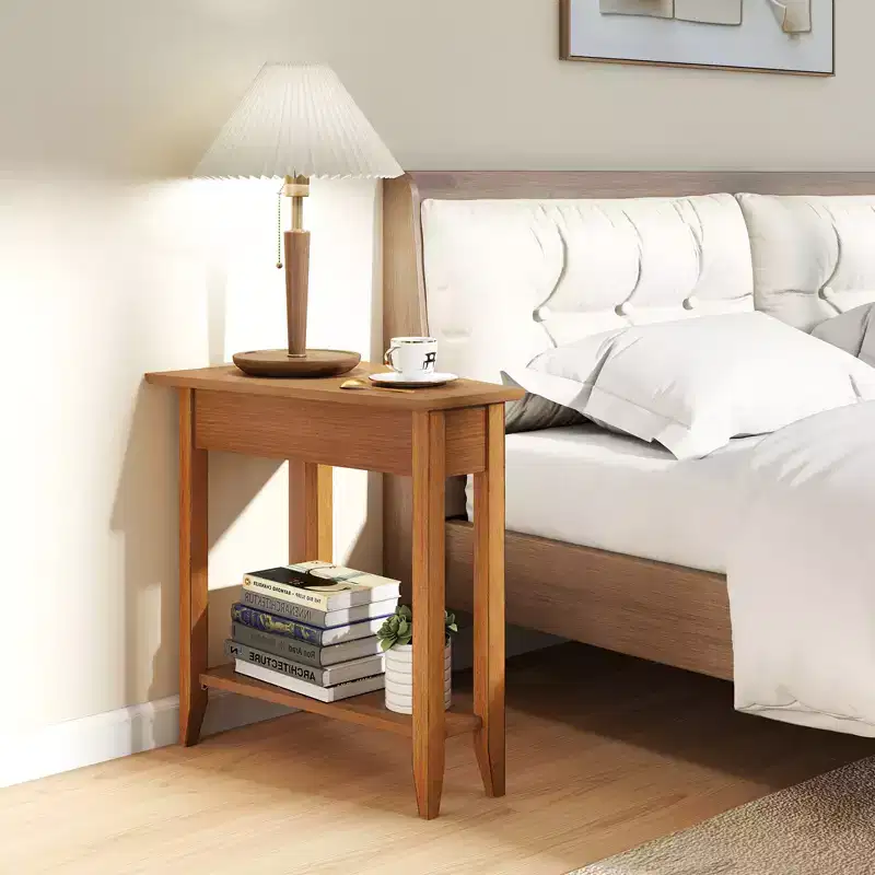 2-Tier Irregular End Table – Narrow Sofa Side Nightstand with Storage Shelf, Walnut