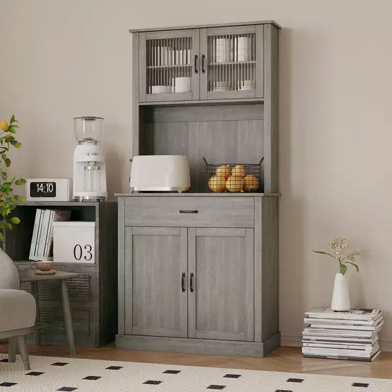 70.9 Tall Kitchen Pantry Cabinet, Wood Cupboard Storage Cabinet with Microwave Stand, Freestanding Hutch Cabinet, Coffee Bar Cabinet
