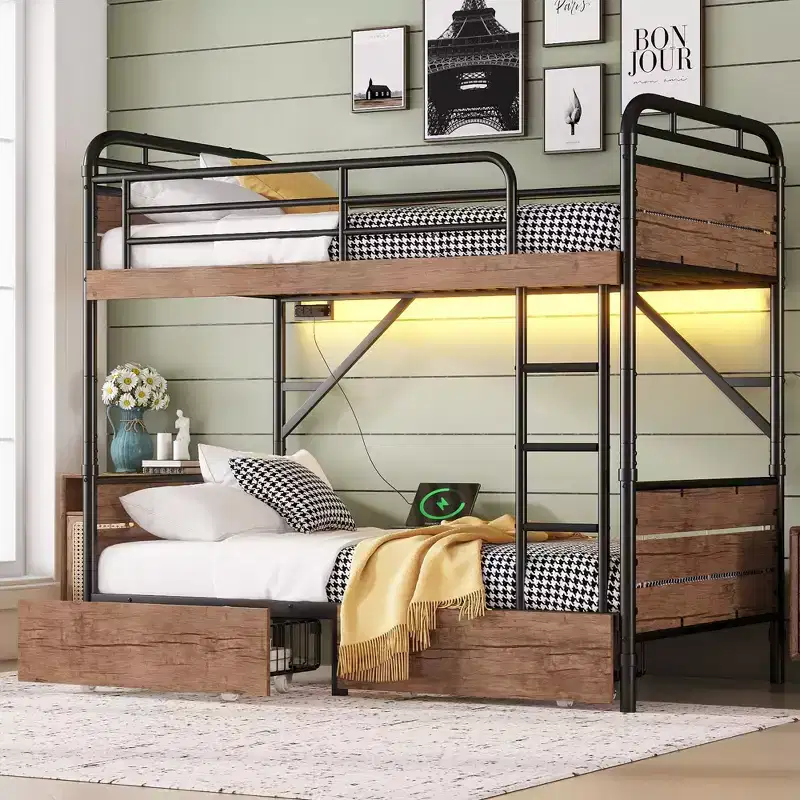 Twin XL over Twin XL Metal Bunk Bed Detachable Metal Bunk Bed with LED Light and Two Storage Drawers Black