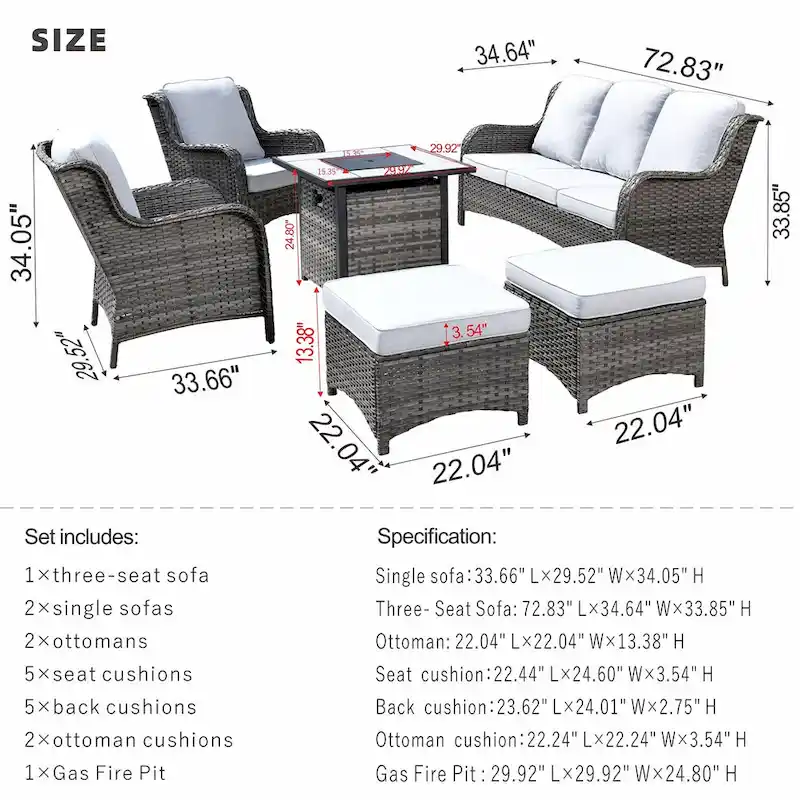 OVIOS Grey Wicker 6-piece Patio Furniture Set With 30 Fire Pit