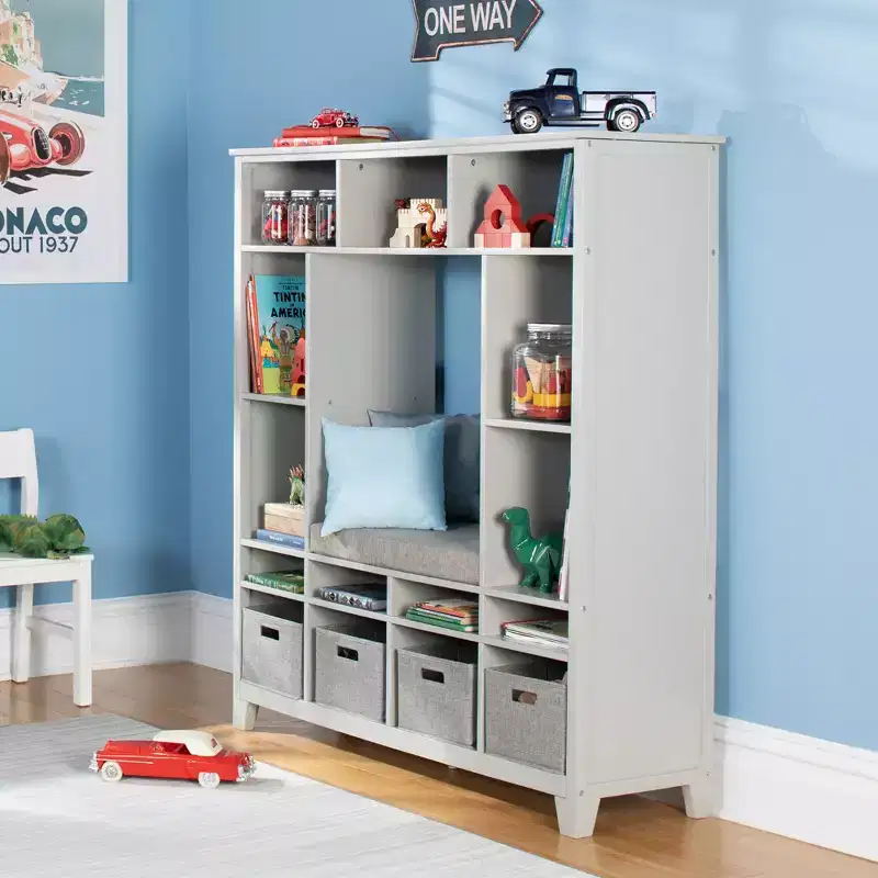 Kids' Storage Shelf with Reading Nook and Fabric Bins