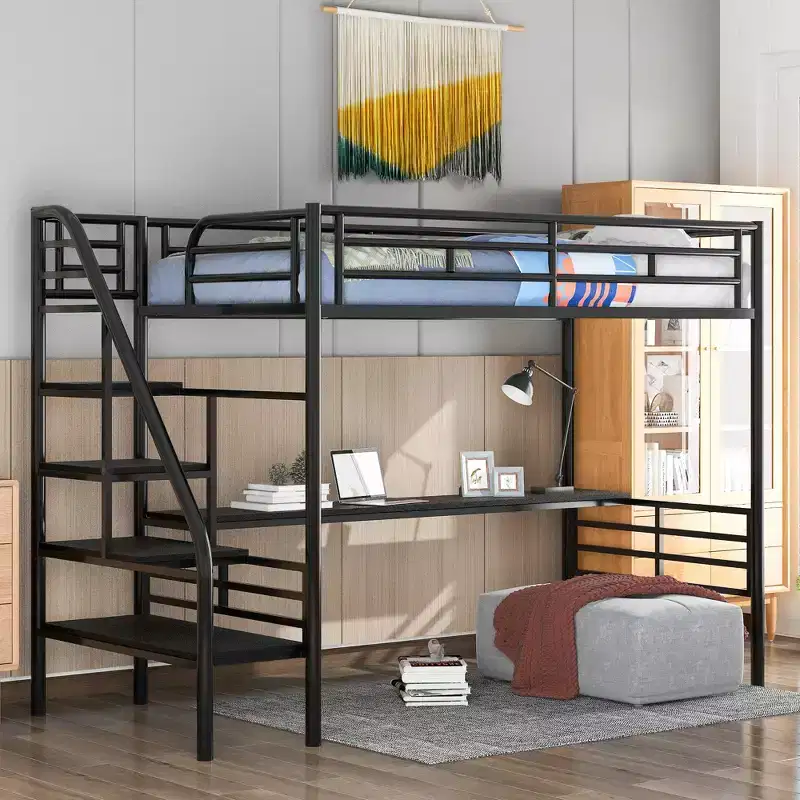 Metal Heavy Duty Loft Bed with Desk Twin Size Loft Bed Frame with Stairs for Bedroom Dorm Room or Guestroom, Black
