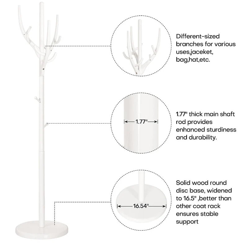 Adjustable Tree-branch Coat Rack Freestanding, Rubberwood Coat Tree - 16.54Dia. x 71.65H