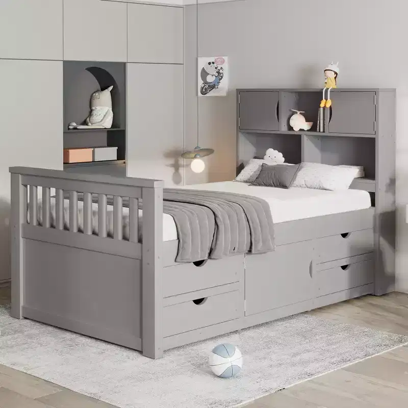 Twin Size Captain Platform Bed Frame with Storage Bookcases, Shelves, Cabinet and 4 Drawers-ModernLuxe