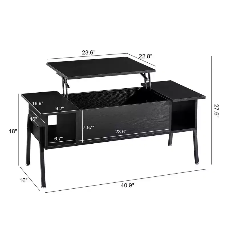 VECELO 42 Inch Lift Top Coffee Table with Metal Legs, Rising Center Table w/Hidden Compartment and 2 Storage Shelves