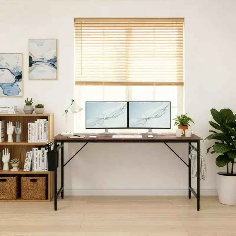 63 Computer Desk for Home Office, Study Writing Desk with Storage, Side Hooks & Adjustable Feet