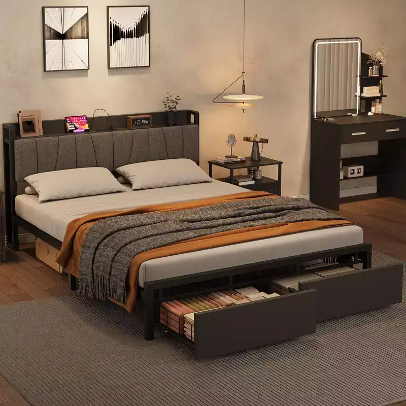 Metal bed frame with storage headboard, drawers and charging station; springless mattress frame; full size.