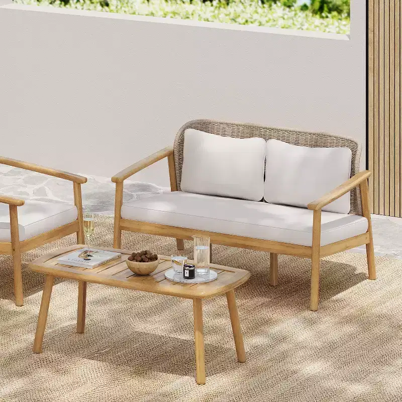 ModernLuxe Outdoor Acacia Wood Conversation Set, Patio Sofa Set with Woven Rope Backrest & Coffee Table, Light Teak Finish