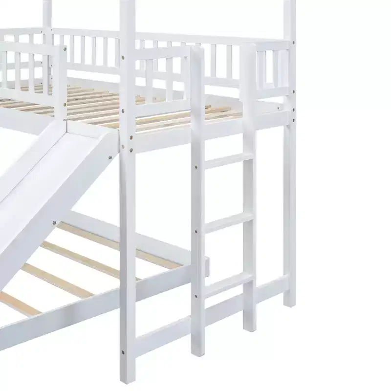 Whisen House Roof Design Twin over Full House Bunk Bed with Slide and Built-in Ladder