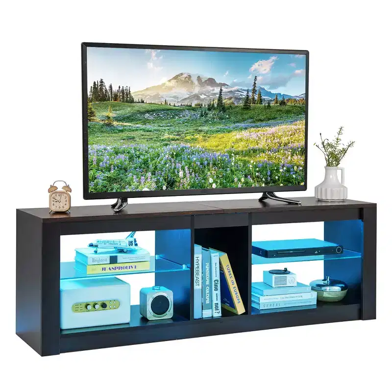 Costway TV Stand w/ LED Light for TVs up to 65 inch w/ Adjustable Tempered Glass Shelves