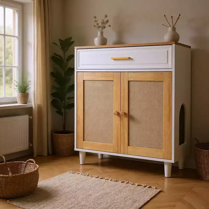 Okak Modern Storage Cabinet with Cat Scratcher, Pantry Cabinet with Storage Drawers, Side Table for Living Room, Hallway, White