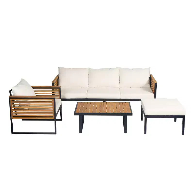Christopher Knight Home Faye 4 Piece Patio Acacia and Metal Upholstered Seating Set with Slat Design