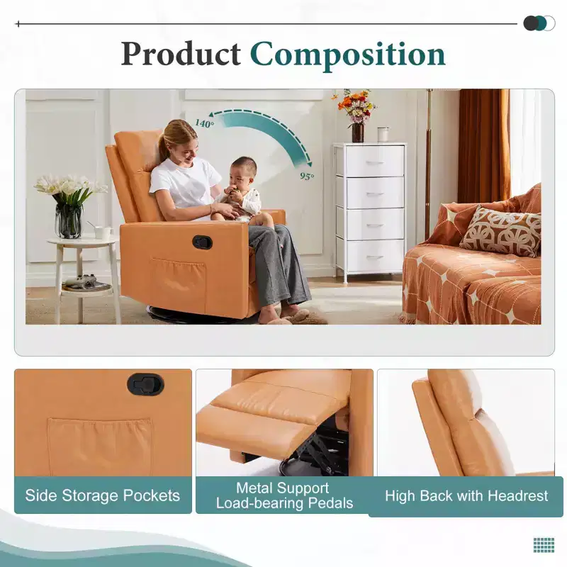 Swivel Recliner Chair,Glider Nursery Chair with Extra Large Footrest,High Back,Deep Seat,Brown Accent Chair for Living Room,Nursery,Bedroom