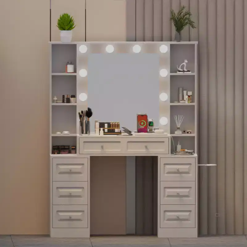 GDFStudio Fina Modern Mirror Vanity Table with Lights, Charging Station, 7 Drawers and Open Shelves
