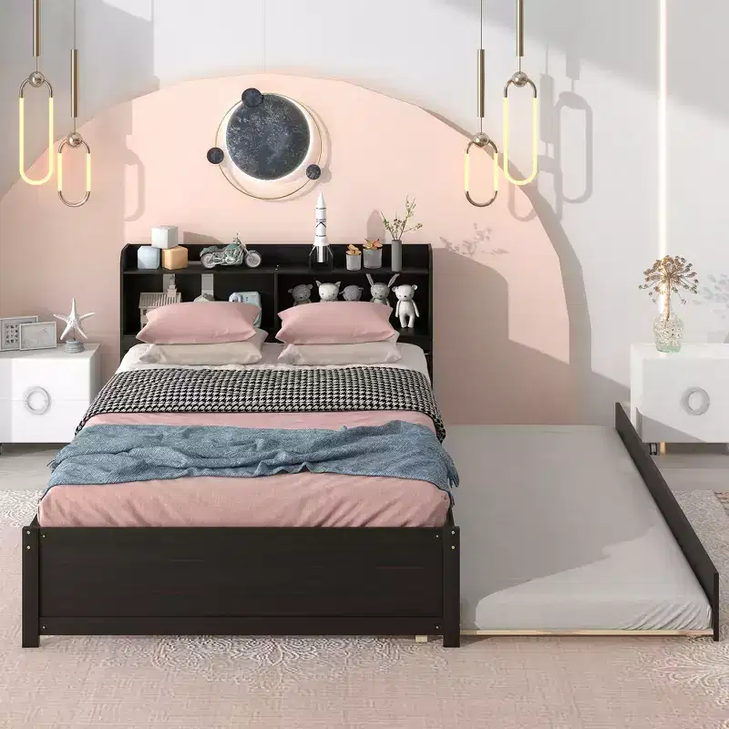 Full Size Storage Headboard Bed with Pull Out Trundle, Solid Pine Wood