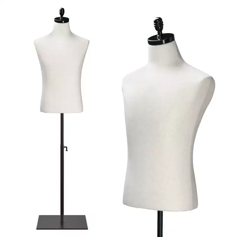 VINGLI Male Mannequin Torso with Wooden/Metal Stand, Adjustable Height Male Dress Form Body for Clothing Display and Sewing (Metal Base)