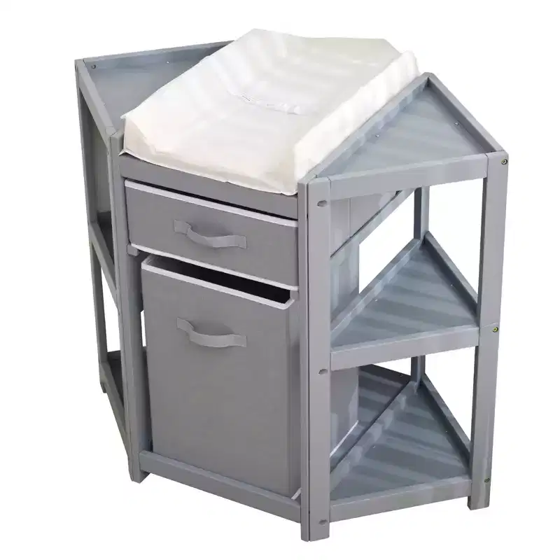 Corner Diaper Changing Table with Storage Drawer Laundry Hamper Pad, Multi-Functional Organizer for Newborn Infant Gray