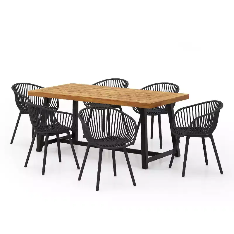 Christopher Knight Home Marley 7 Pieces Patio Modern Acacia Wood and Polypropylene Dining Set, Teak/Black