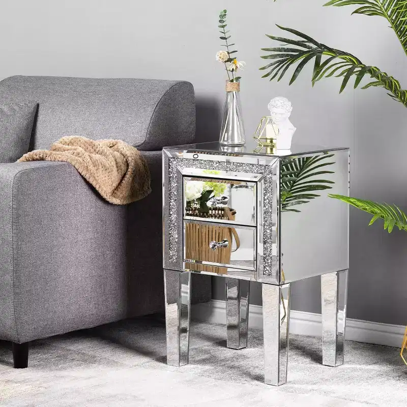 VINGLI Mirror Nightstand with Drawer, Silver Mirrored Glass End Table, Crushed Diamond Glitter
