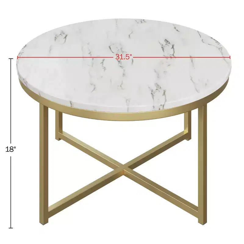 Lavish Home Round Coffee Table with Faux Mable Top and Metal Crossbeam, White/Gold